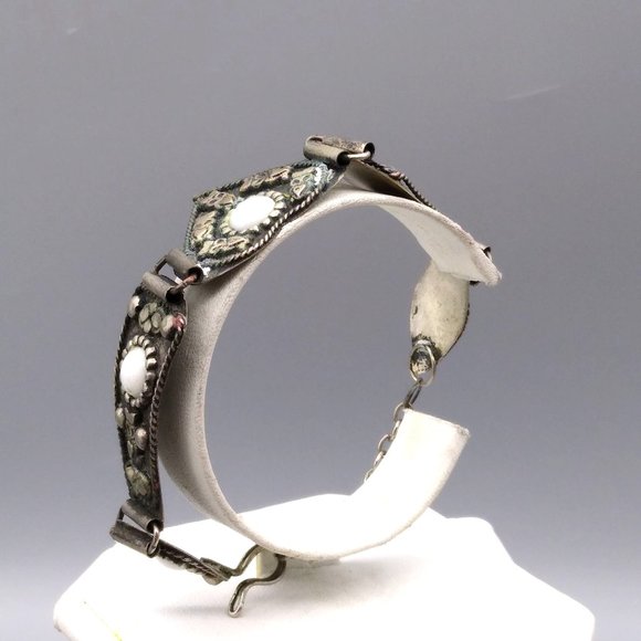 Primitive Silver Etruscan Style Bracelet with Vintage Milk Glass Cabochons - Picture 3 of 6